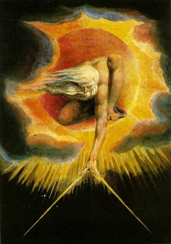 William Blake, The Ancient of Days, 1794. This illustration by Blake accompanied his publication of The Book of Urizen, and it depicts the titular character, a being of reason and logic, creating the world. Blake's mythology parodies and alludes to established religion's creation stories, but is carefully crafted into Blake's own mythology.
